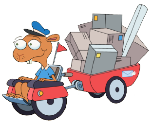 Coco with a wagon full of parcels